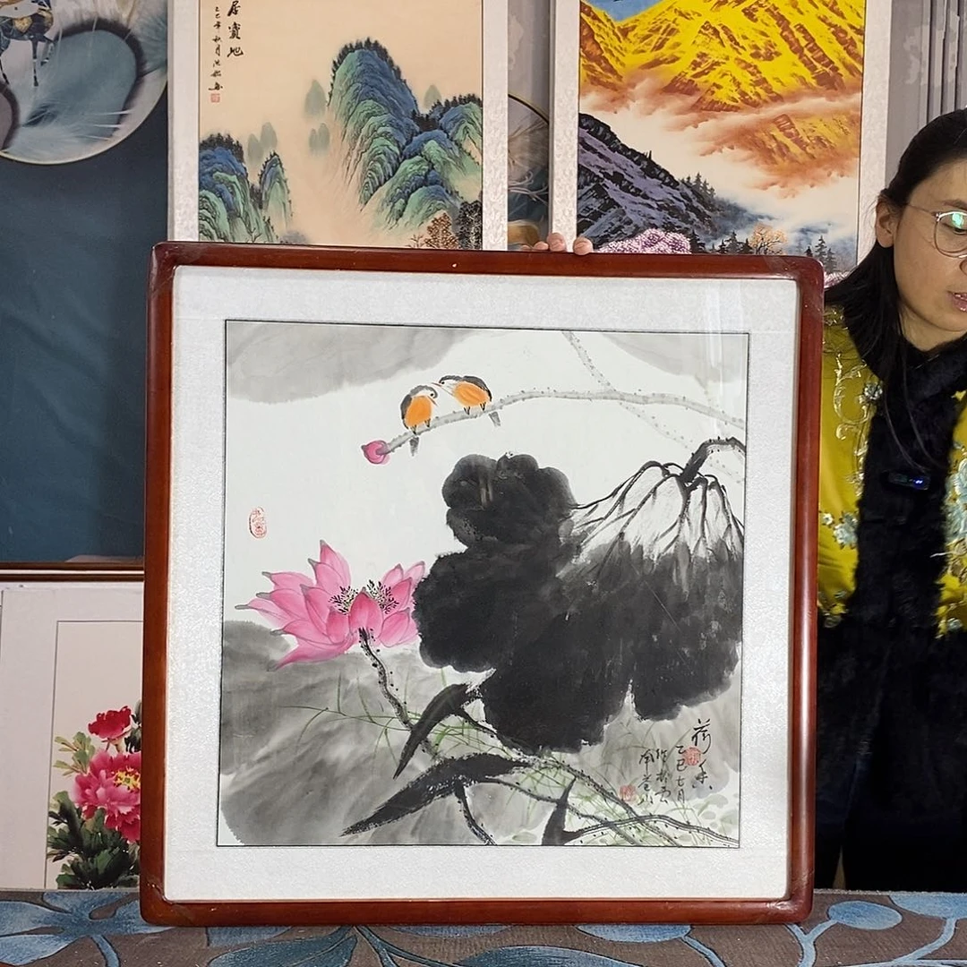 国画手写手绘国画作品带框包邮62✖️62