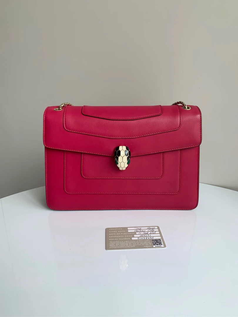 99新 BVLGARI/宝格丽 紫红色蛇头双链小牛皮珐琅链条包