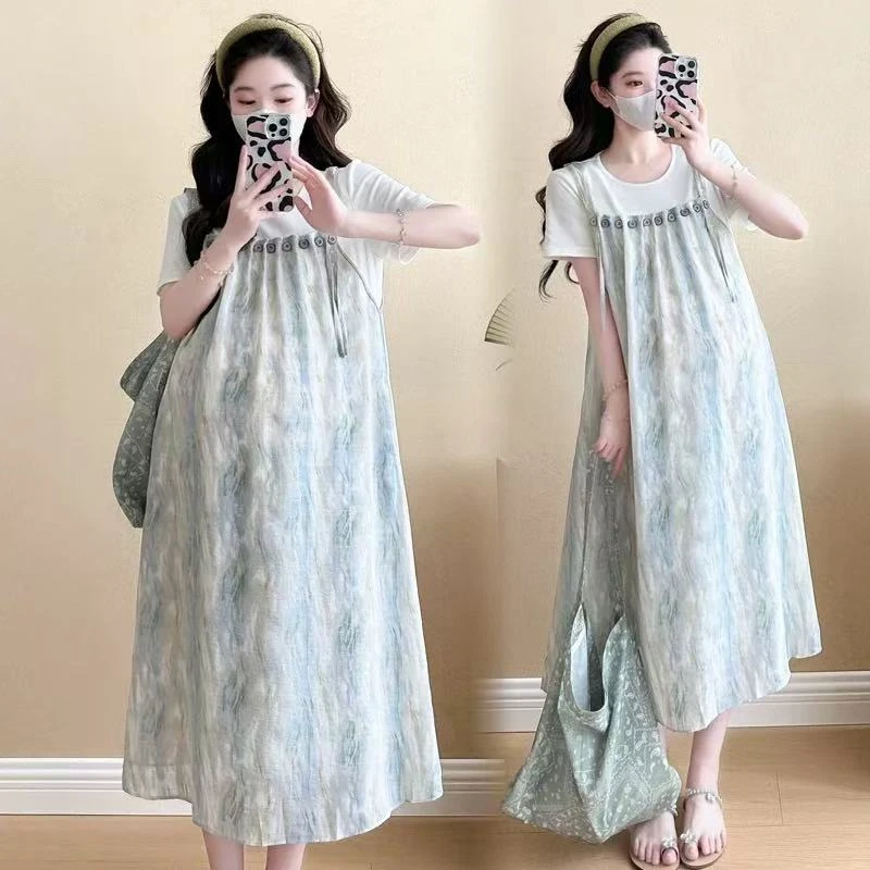 大码孕妇夏季新款韩版时尚薄荷曼波扎染拼接假两件连衣裙82070