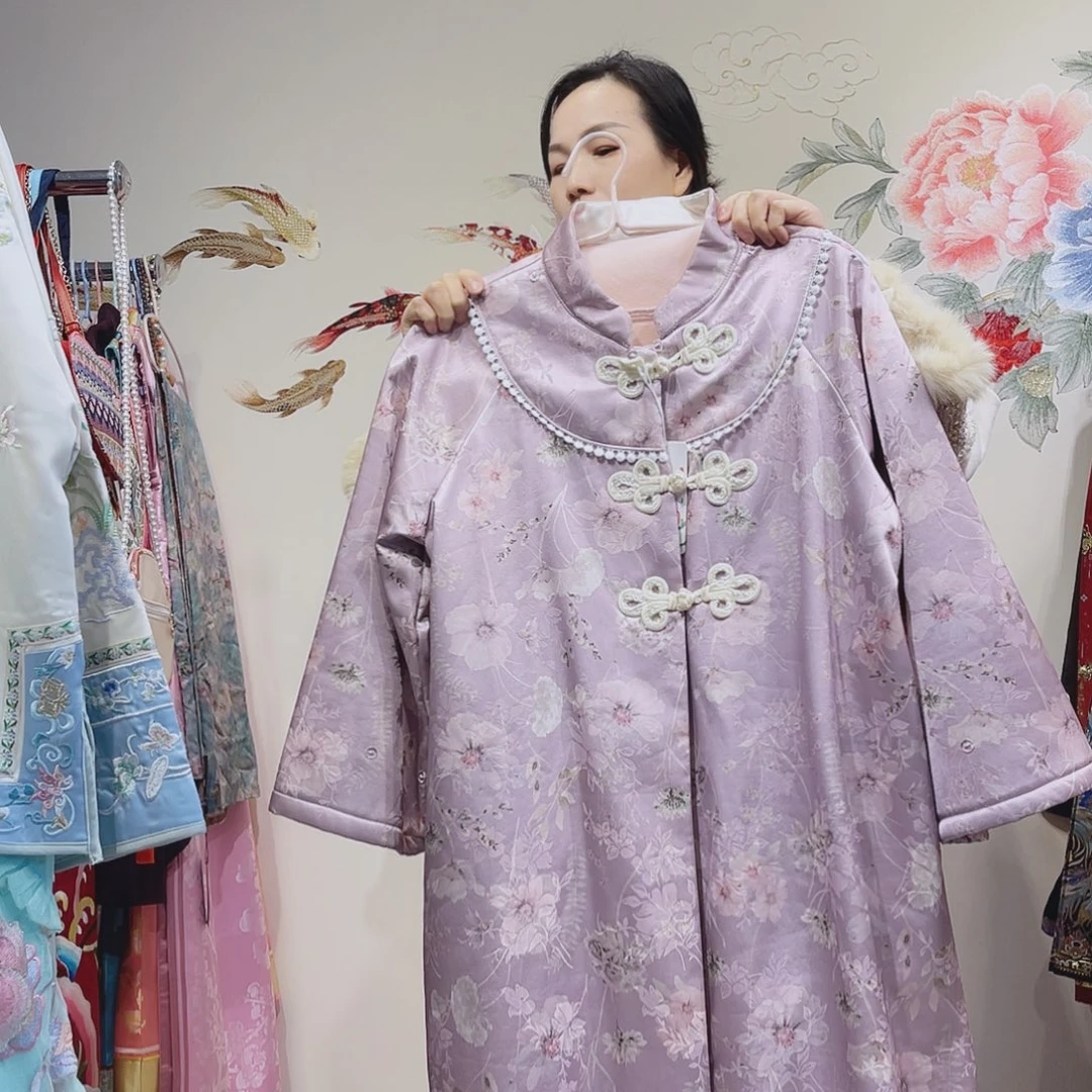 秋冬款小立领提花紫色加绒长款外套