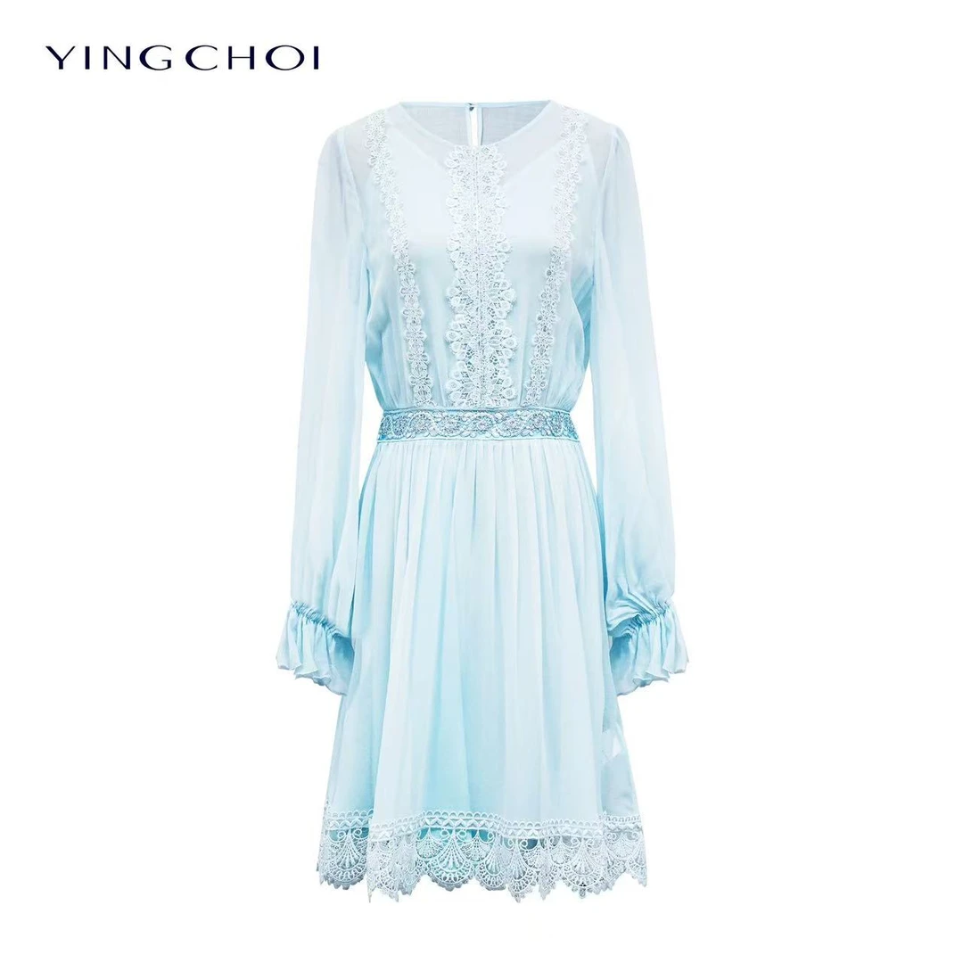 【高高甄选】YINGCHOI2025春款蓝色大摆短款连衣裙YCMSD32505Y