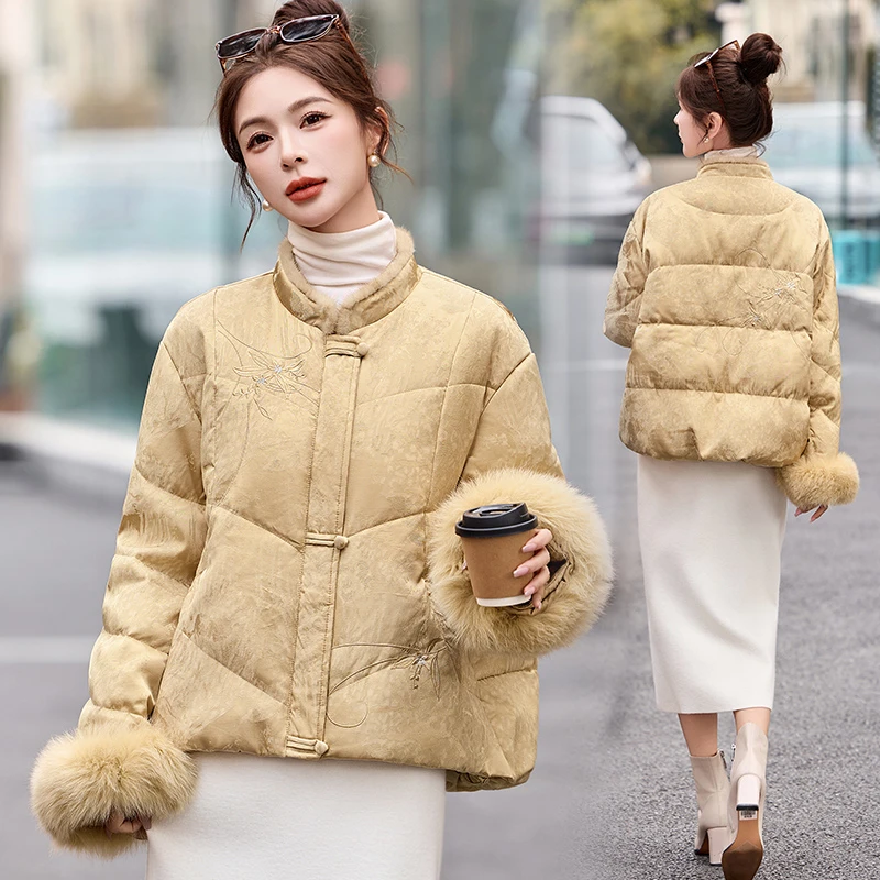 新中式国风刺绣提花羽绒服女2025冬季新款轻奢气质白鸭绒短款外套