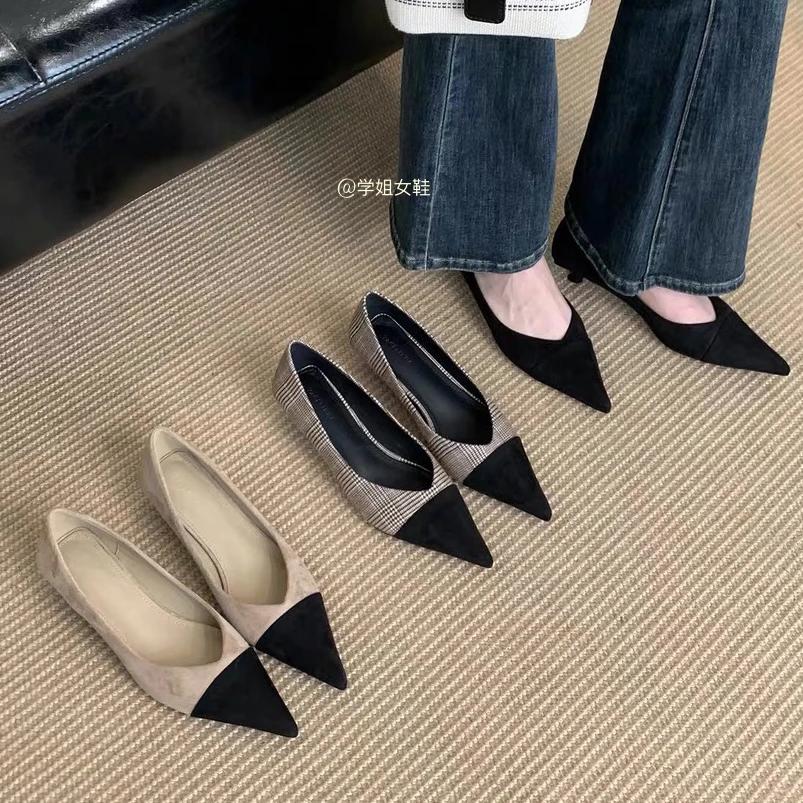 2025春夏新款浅口高跟鞋拼色气质小香风单鞋百搭软底上班通勤女鞋