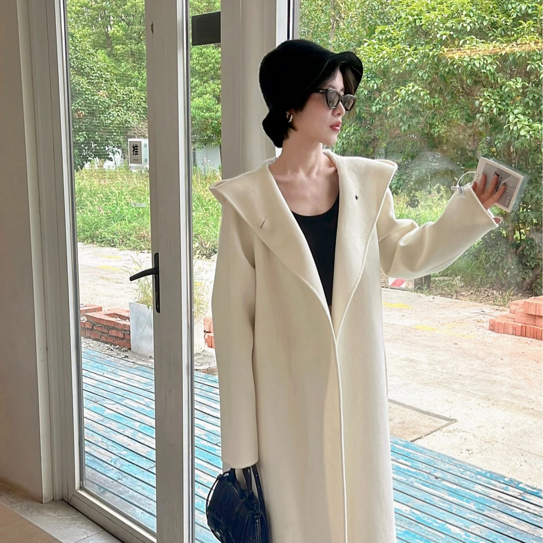 连帽3030双面羊毛外套时尚秋冬气质韩版百搭网红收腰中长款