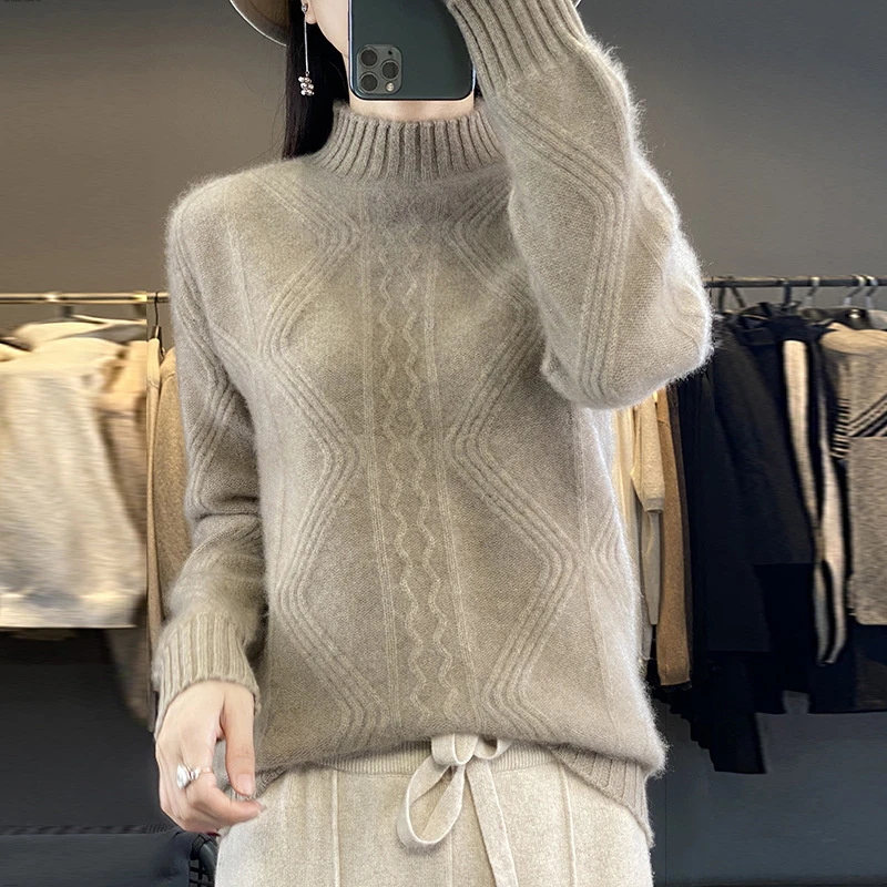 菱形绞花半高领女士加厚保暖针织毛衣显瘦通勤秋冬新款羊毛长袖针
