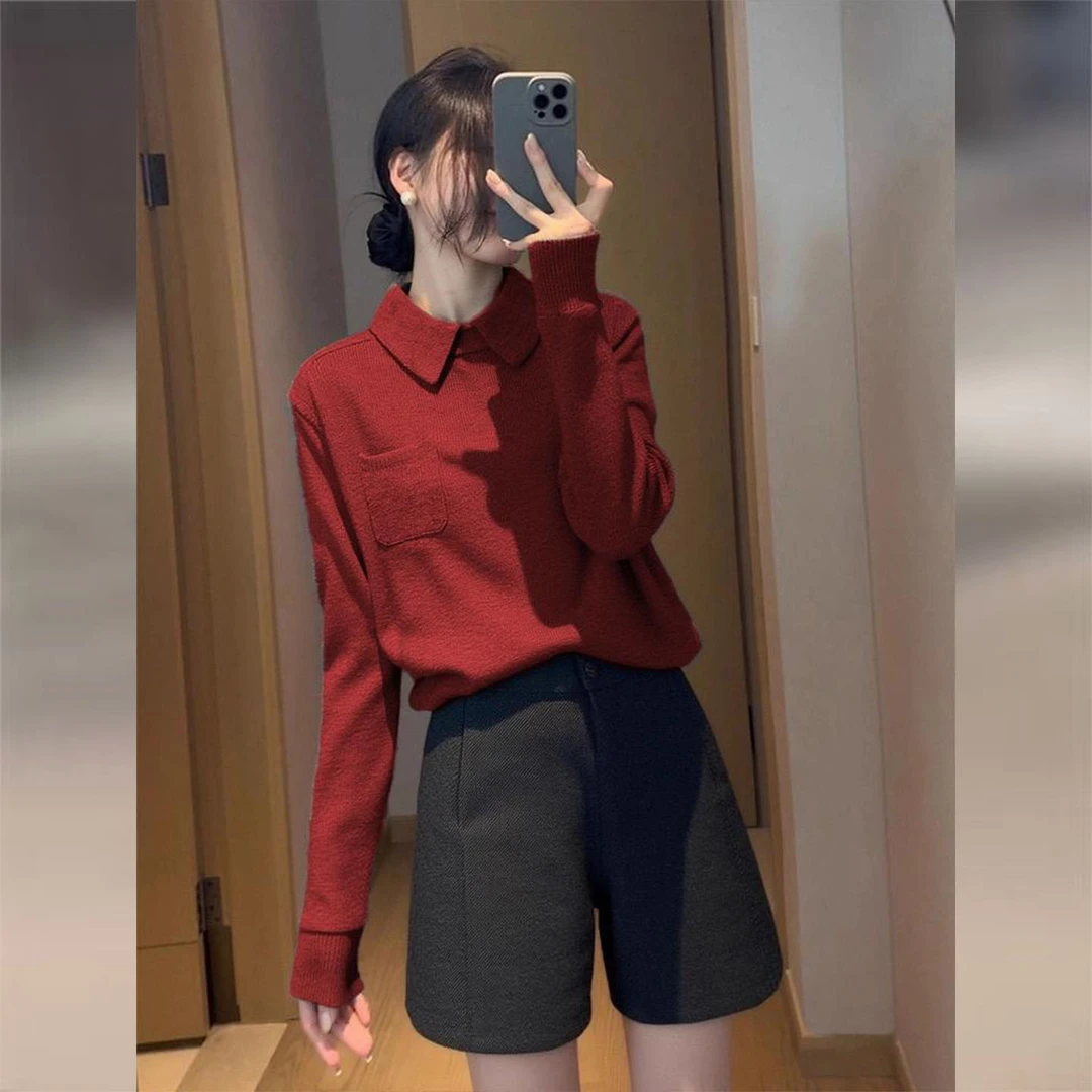 红色polo领针织衫上衣女2025秋新款轻熟风高级感叠穿内搭打底毛衣