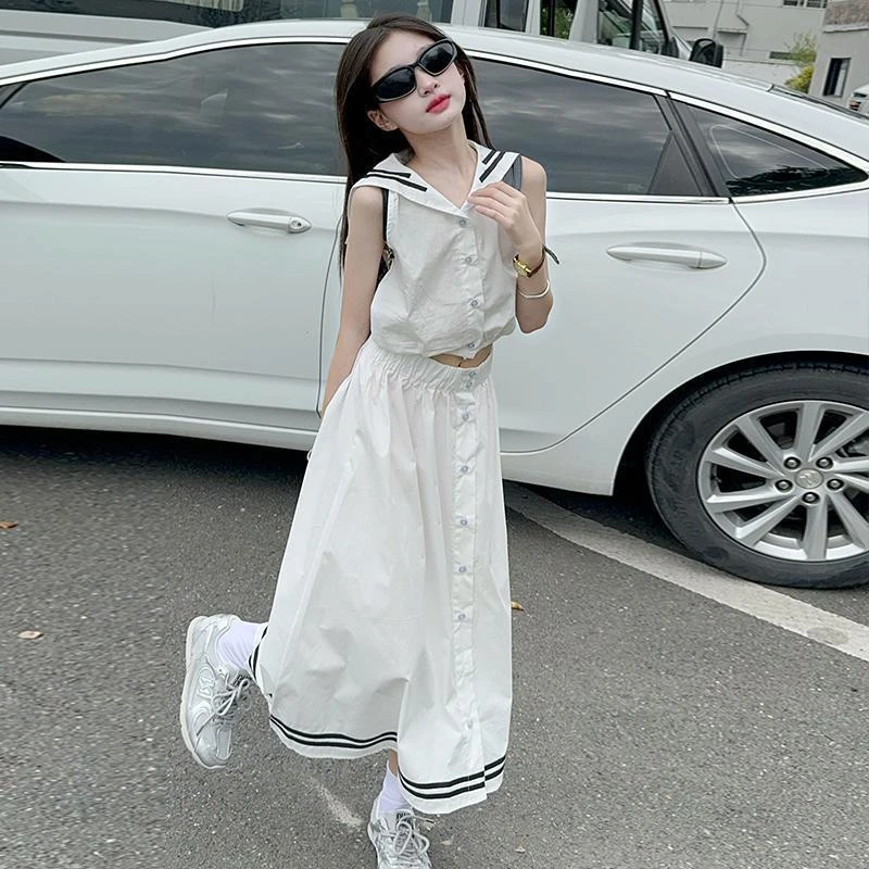 女童夏装学院风套装儿童洋气韩版海军领无袖上衣时髦半身裙两件套