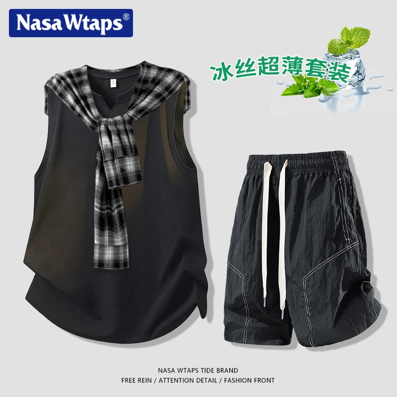 NASA WTAPS潮牌披肩背心冰丝套装男士夏季薄款休闲运动慵懒风套装