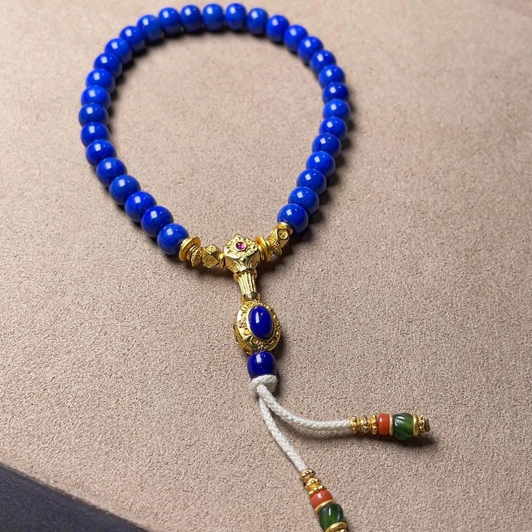 青金石银S925镀金镶嵌老型手训、手持7mm