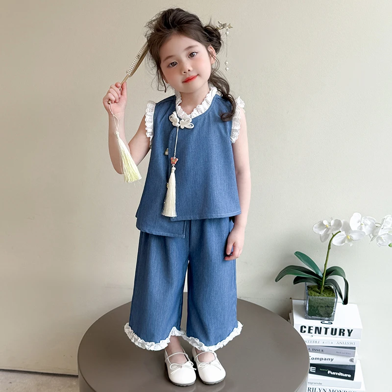 女童夏装套装新款洋气儿童新中式国风花边背心女孩夏季牛仔两件套