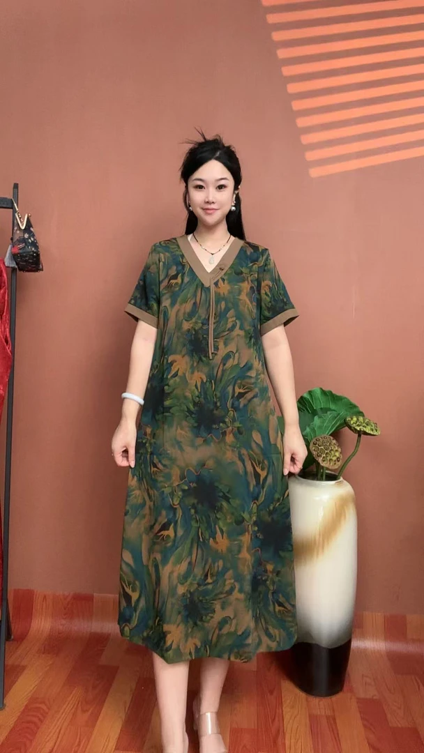 （火焰绿）夏装气质高级感贵太太中老年女装新中式短袖裙子