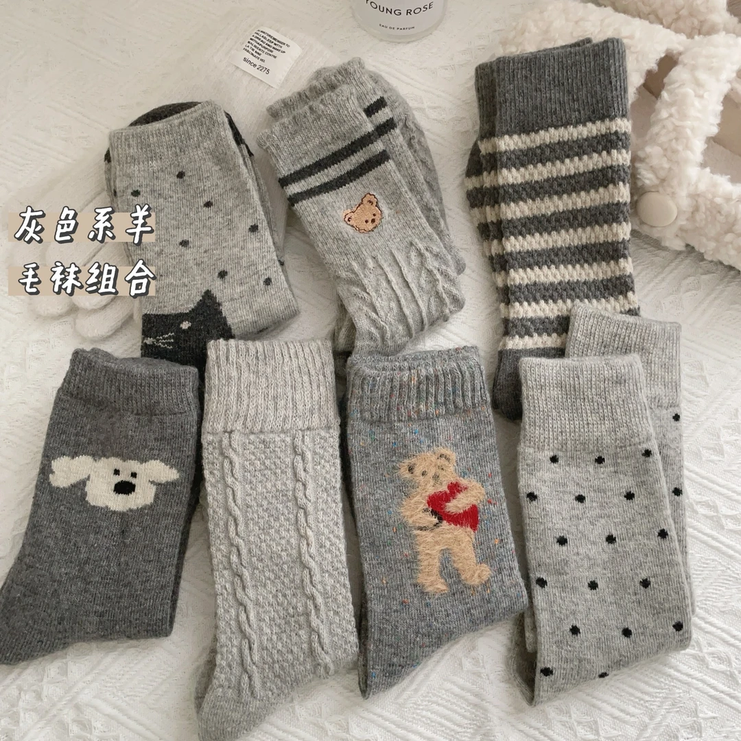 羊毛保暖袜中筒袜女秋冬款加厚日系复古灰色系冬天长袜可爱堆堆袜