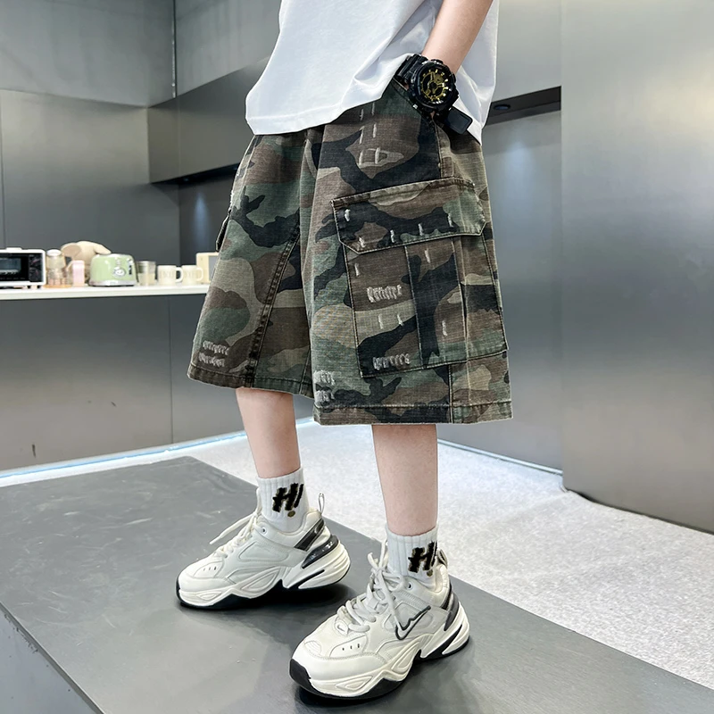印花工装短裤夏季薄款2025新款中大童迷彩儿童夏装痞帅风五分裤子