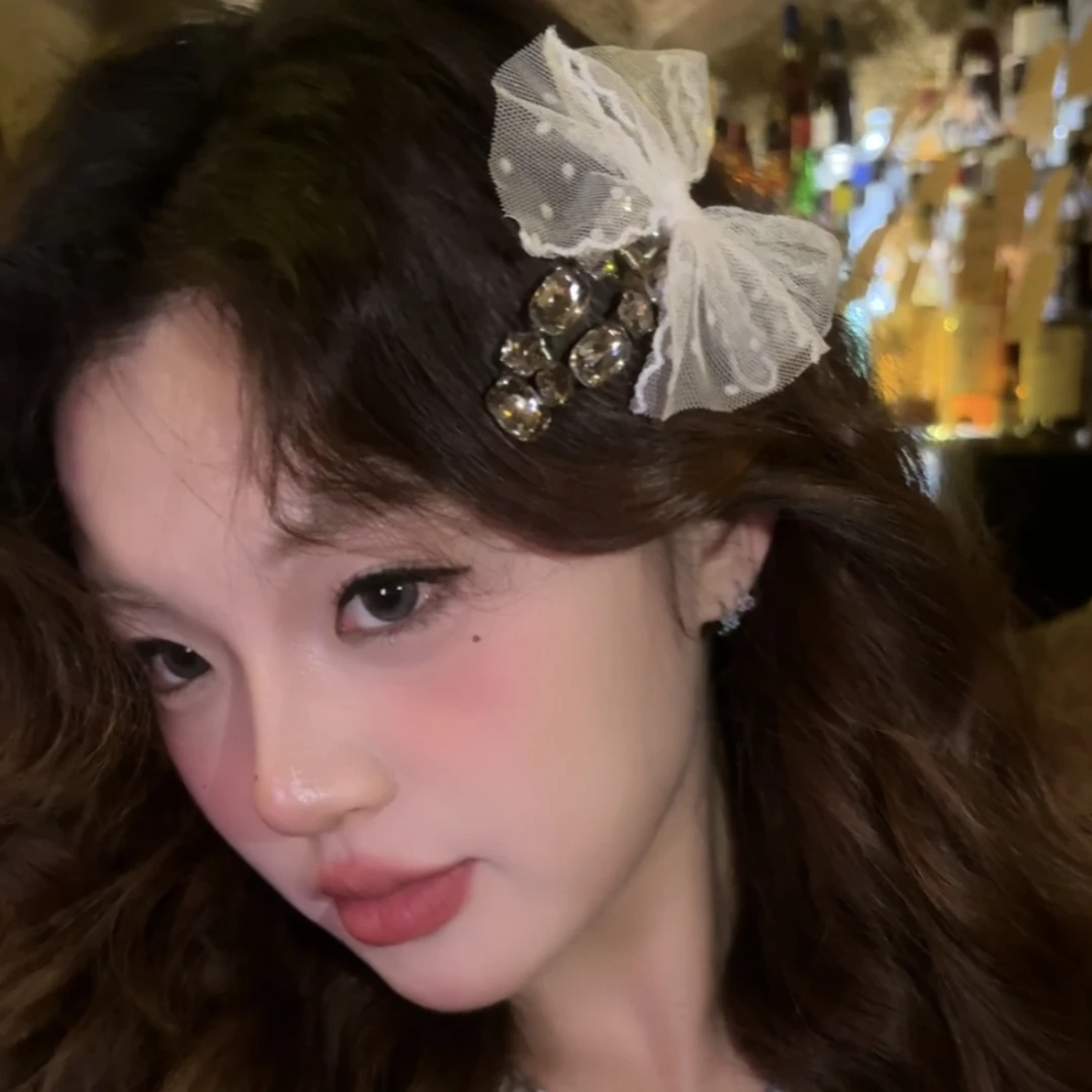 浪漫降临~薄纱波点重工蝴蝶结水钻发夹夹子头饰刘海边夹侧边发卡