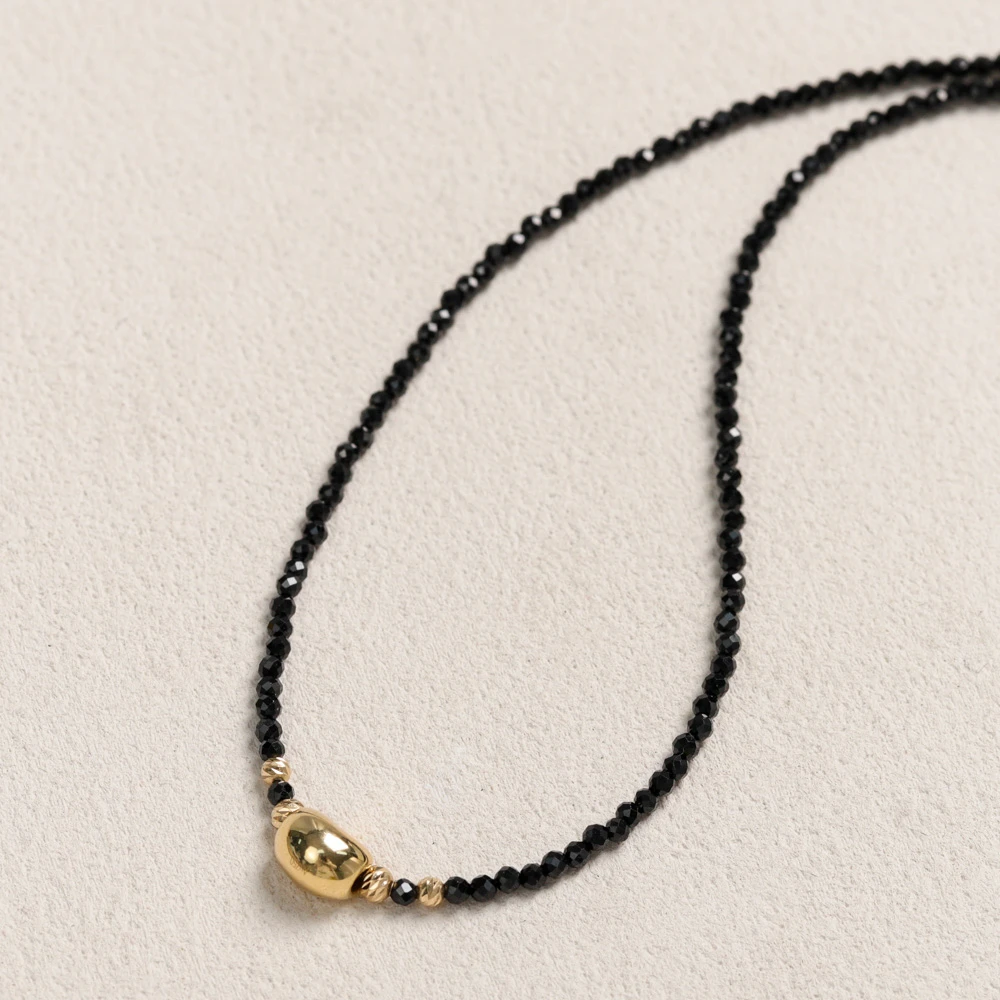 【叭哒不惑】18K金6*8mm金豆豆 约2mm缅甸黑尖晶项链 长40cm