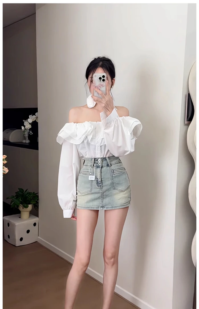 韩系荷叶边一字肩衬衫女2025春季新款小个子短裙时尚显瘦两件套装