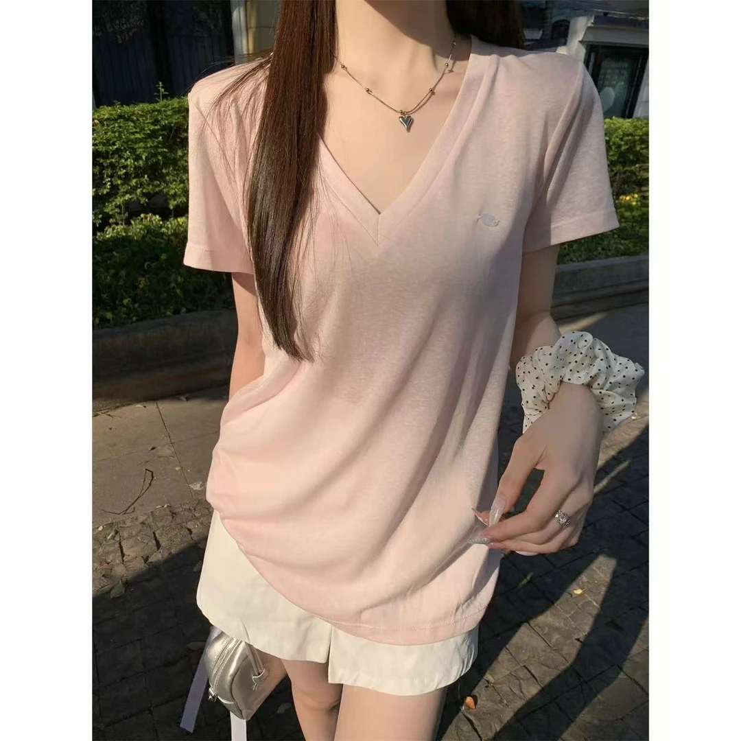 【清货】2025慵懒甜美风短袖夏季V领正肩T恤女宽松显瘦上衣