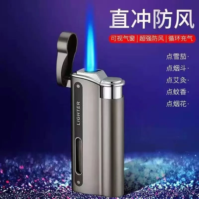 新款充气打火机直冲防风金属可视气窗个性刻字蓝色火焰送朋友礼物