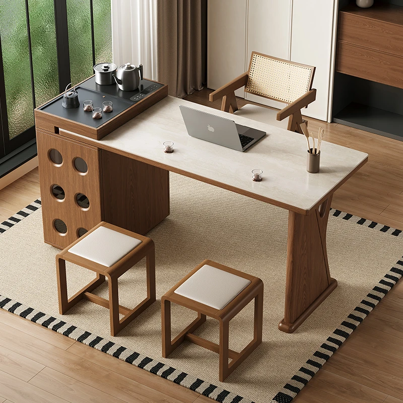 甄荣阳台茶桌客厅家用2025新款高端书桌一体两用实木岩板伸缩茶台