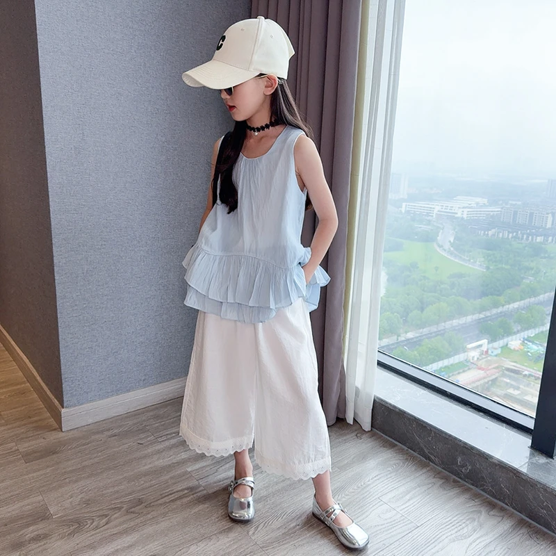 女童背心套装夏装2025新款中大童时髦娃娃衫儿童夏季阔腿裤两件套