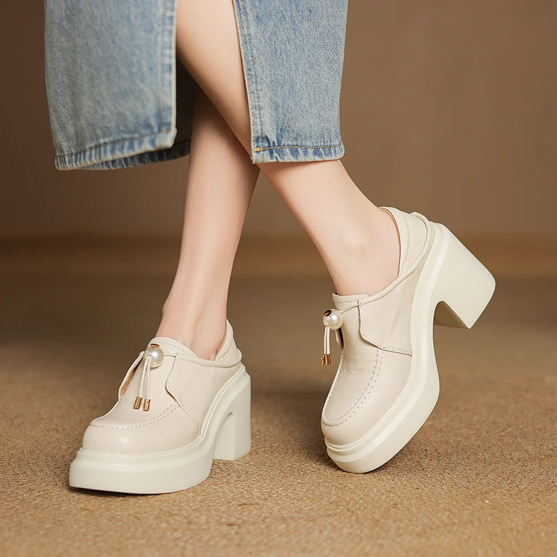 玥小姐增高女鞋10厘米厚底法式高跟鞋女单鞋小个子粗跟白色小皮鞋