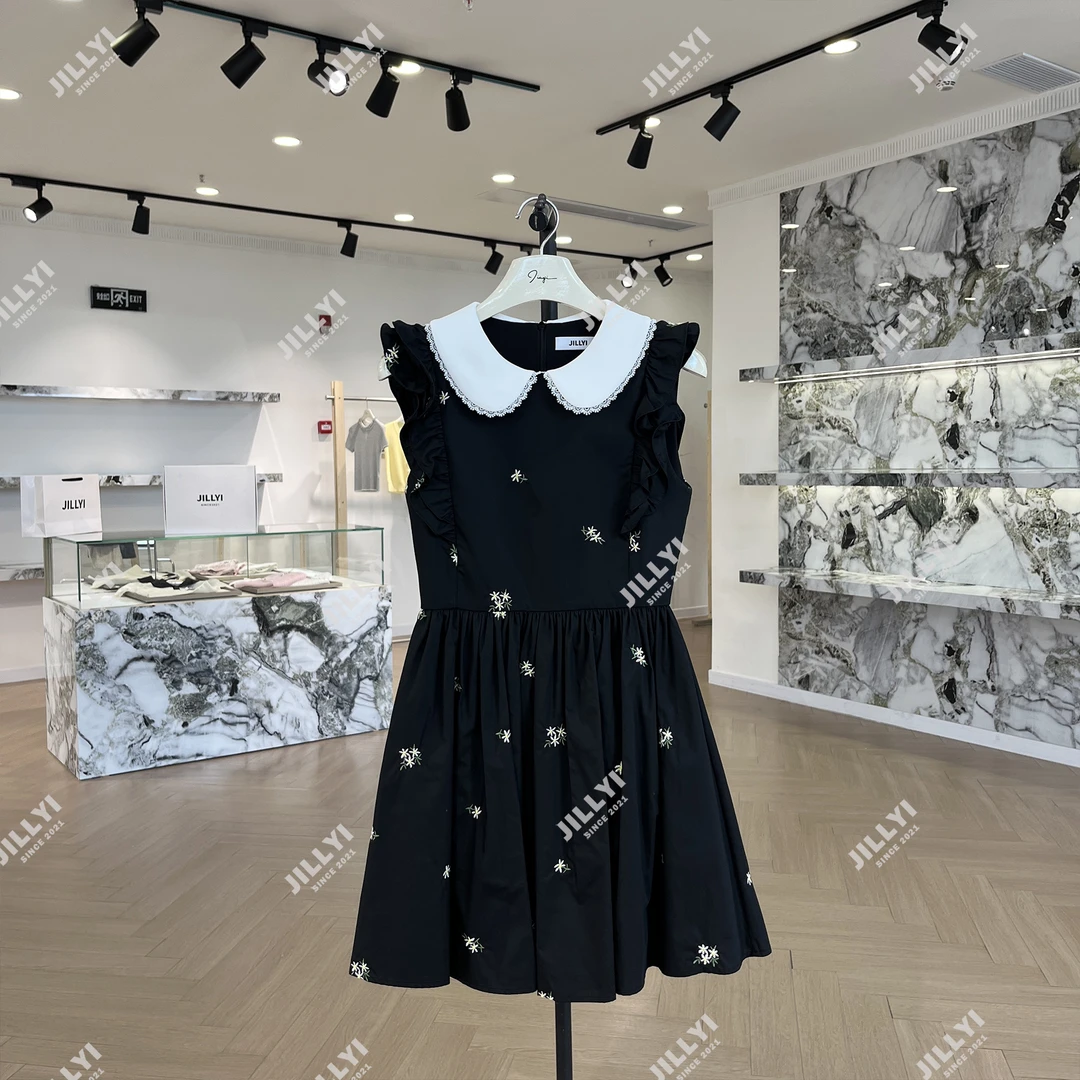 JILLYI南山店【黑钻千金】黑色小花朵刺绣木耳边时尚少女风连衣裙气