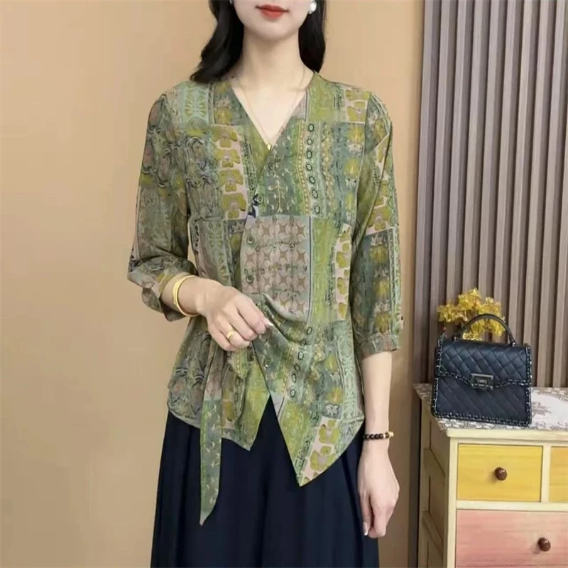 2025夏季新款时尚不规则洋气七分袖气质百搭V领显瘦开衫上衣25818