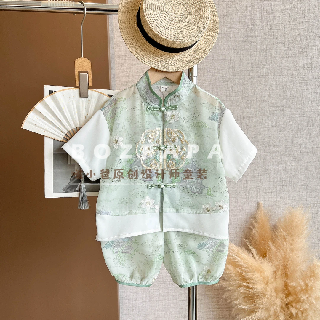 啵小爸【碧水青风】2025夏季男童新中式碧绿拼接白色印花衬衫套装