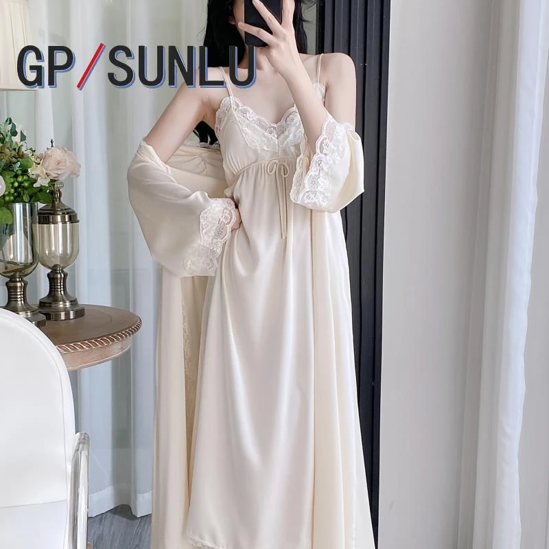 日本小众GP睡衣女春秋冰丝长袖睡袍法式夏季蕾丝吊带睡裙带胸垫家