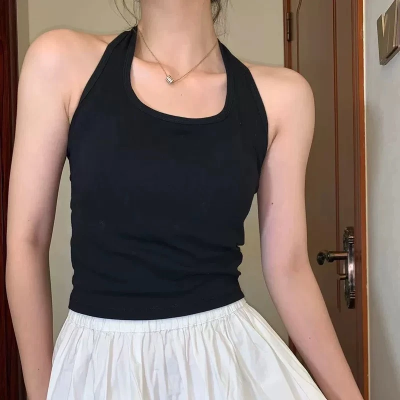 纯棉吊带背心女修身夏季甜辣纯欲露背打底外穿u领挂脖美背上衣