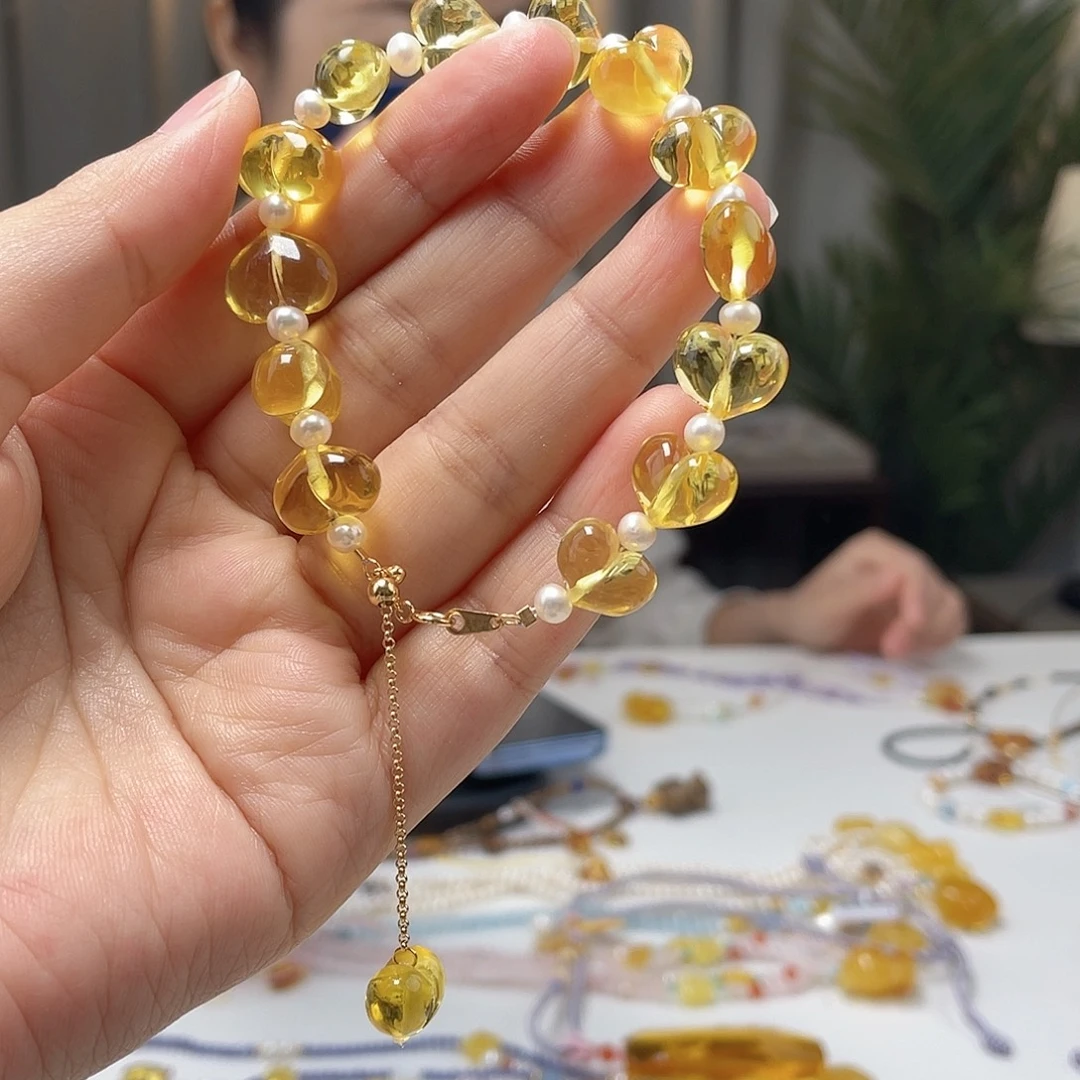 银S925镶嵌琥珀裸石琥珀手串