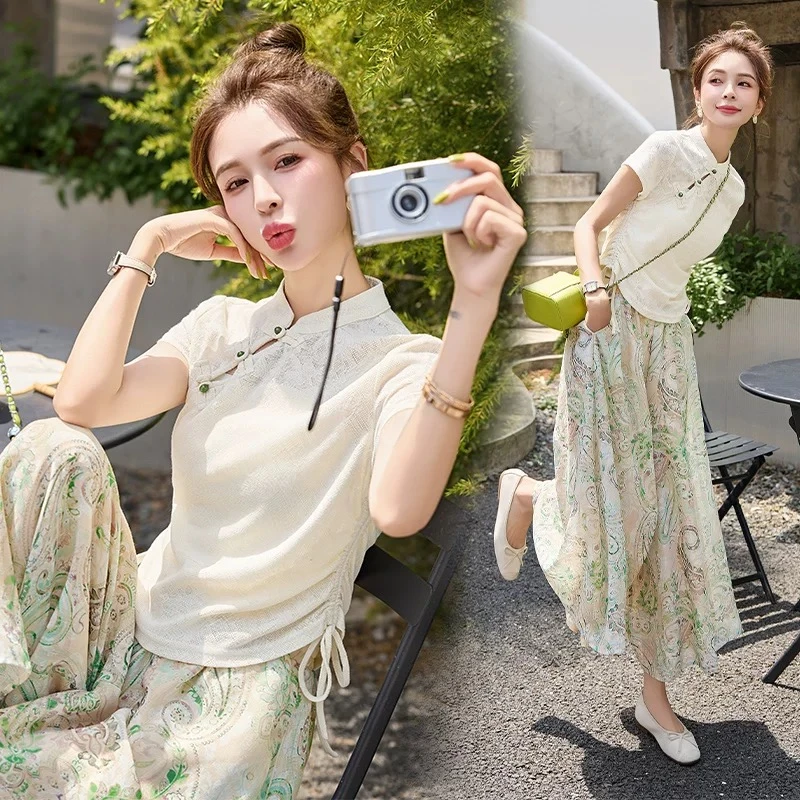新中式国风复古盘扣套装女2025夏季新款时尚气质印花阔腿裤两件套