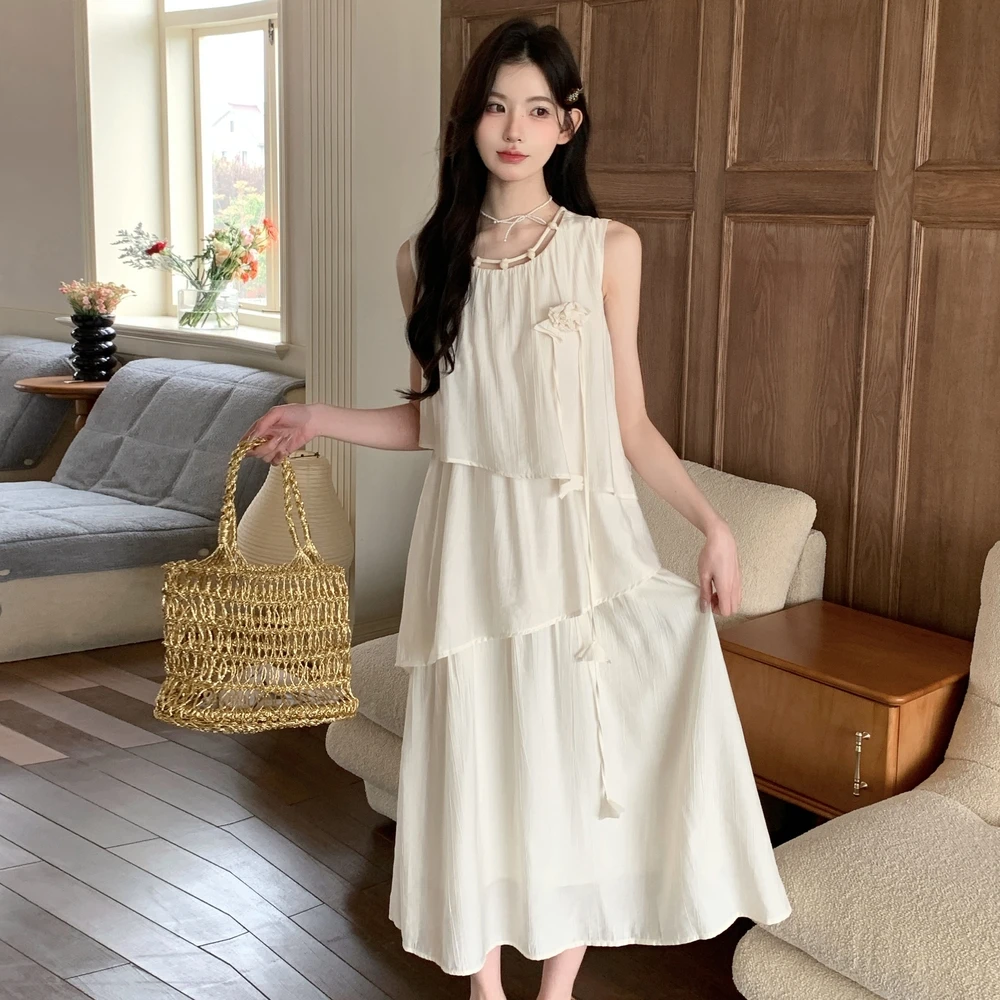 法式立体花朵无袖连衣裙女2025新款夏日绝美度假风设计感背心长裙