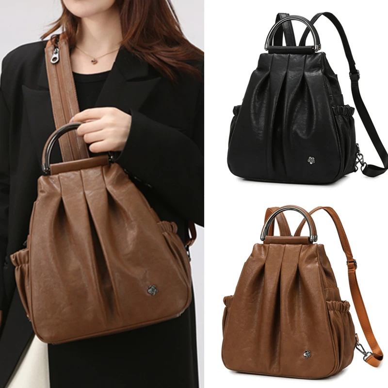 2025新款轻奢质感软皮单肩斜跨双肩包潮流多功能时尚复古女士包包