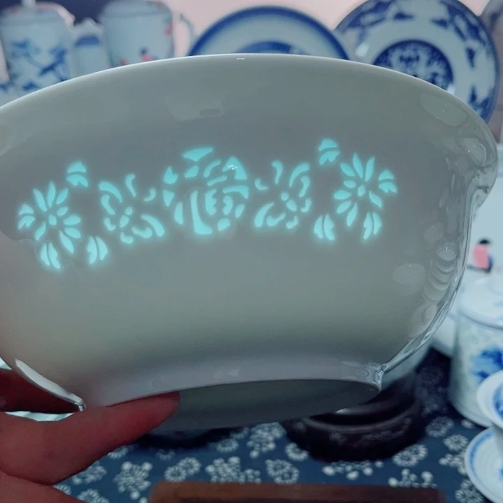 青花玲珑8.5寸汤碗福字花雕