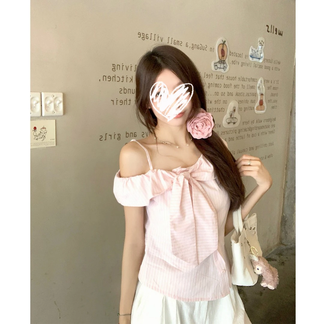 法式条纹短袖衬衫女夏季大码露肩休闲衬衣胖MM遮肉显瘦上衣-7708