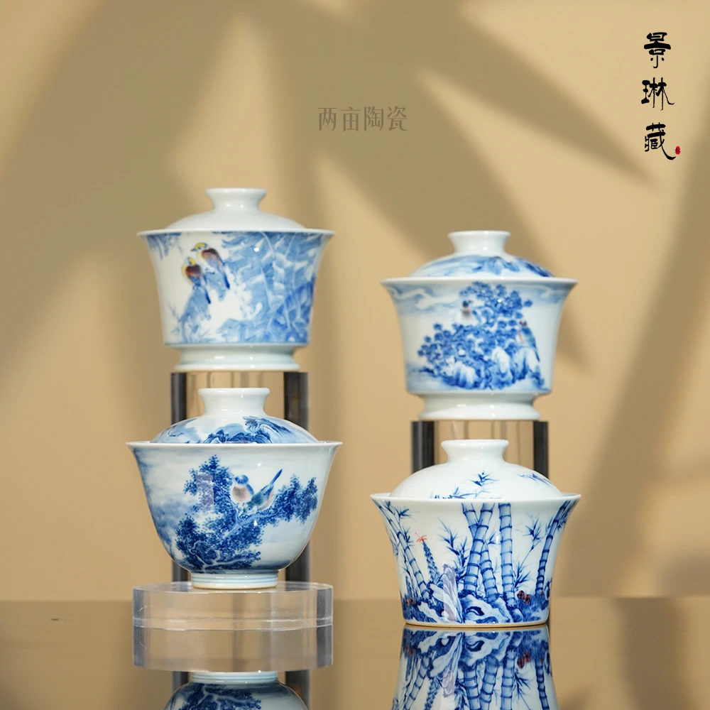 景琳藏知音相随二才盖碗100ml  景德镇釉下彩 全手工青花手绘茶具