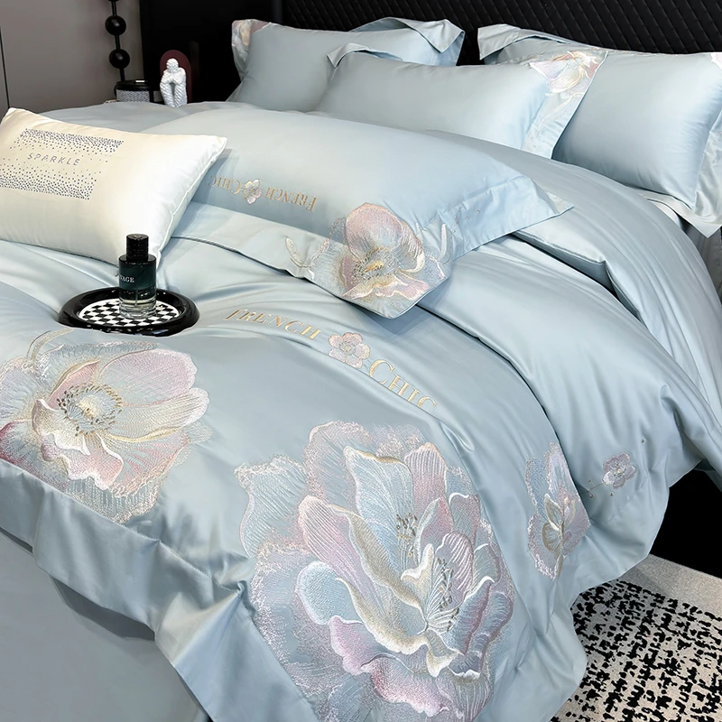 南通全棉200支纯棉长绒棉床笠四件套刺绣被套床上用品四件套纯棉