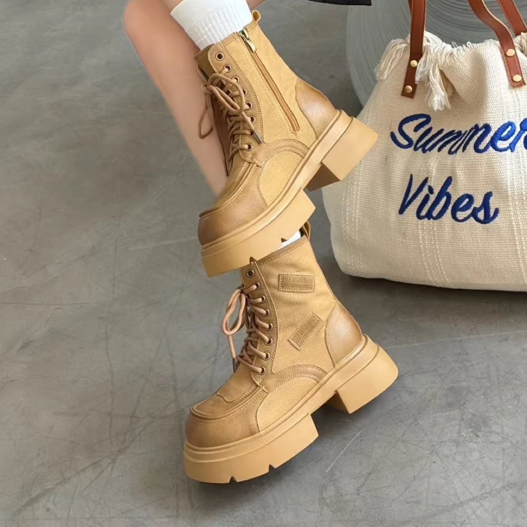 黑木李简约方头防滑纯色欧美厚底复古英伦风百搭马丁靴女短靴