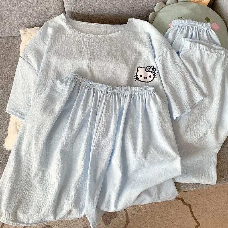 睡衣三件套女夏季短袖短裤长裤圆领夏天卡通家居服套装2259