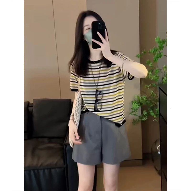 韩系穿搭条纹针织短袖女2024新款夏季宽松减龄百搭冰丝上衣薄休闲