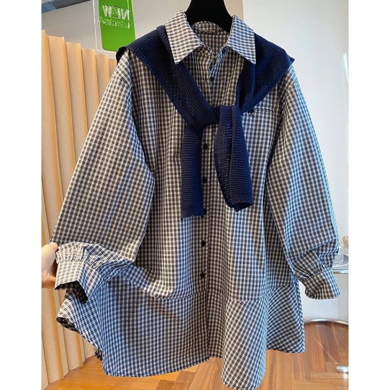 韩系复古格子衬衫裙女长袖2025新款秋季宽松中长款披肩两件套上衣