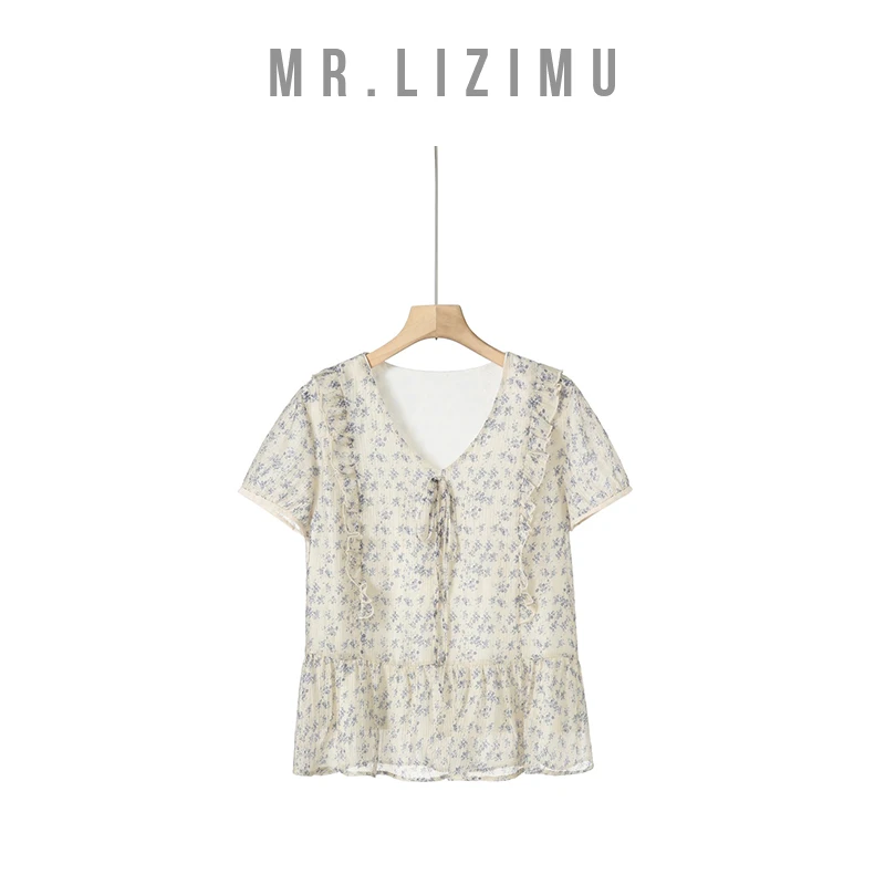 李子木先生V领碎花短袖小衫夏季新款爆款2025女款时尚小衫D6093
