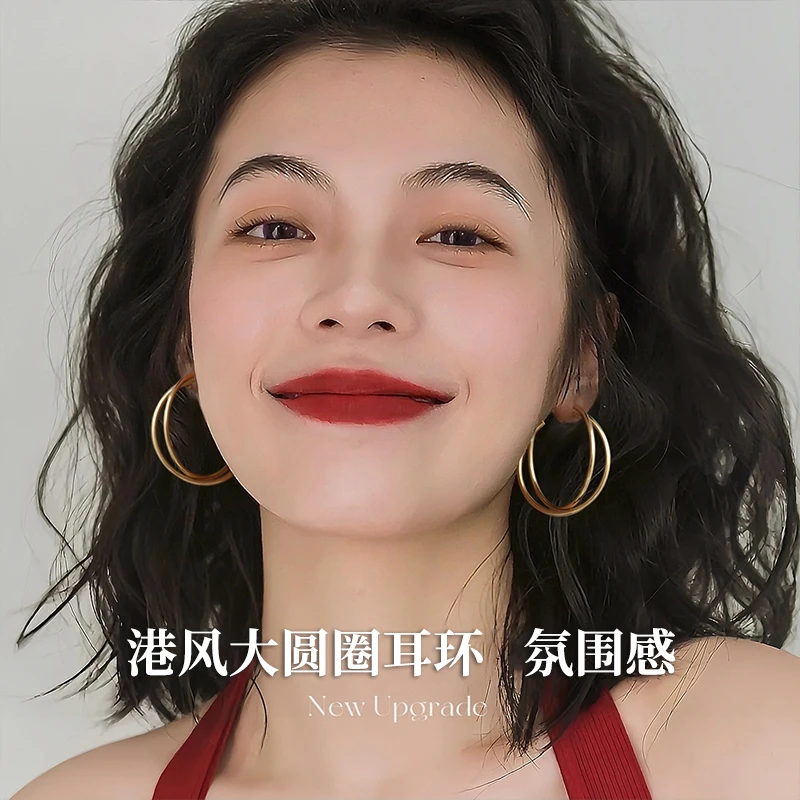 925银针双层大圈圈耳环女2025新款素圈港风耳饰品