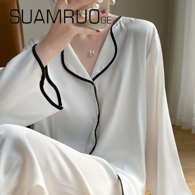 SUAM RUO翻领衬衫睡衣女春夏长袖简约白色家居服套装宽松冰丝薄款