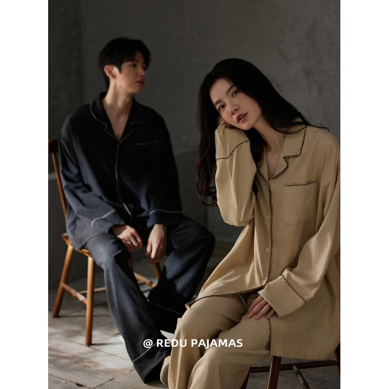 热妒情侣睡衣春秋季简约休闲长袖女带胸垫男士家居服套装新款