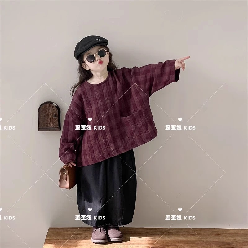 【歪歪妞童装】398儿童小众撞色高级文艺格子棉麻衬衫日系娃娃衫