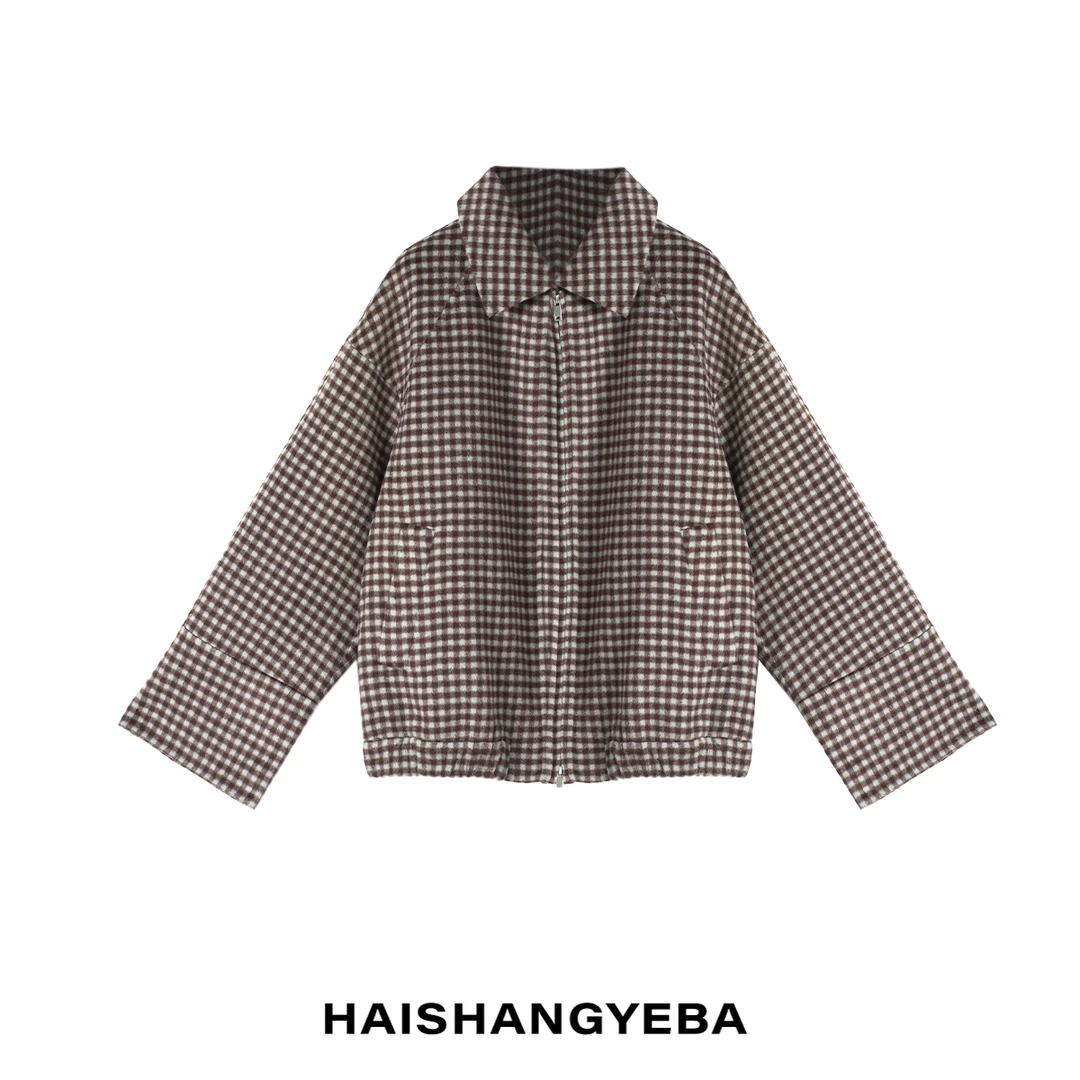【海上叶爸】新款2025百搭羊毛秋冬翻领格子拉链厚款羊绒长袖外套