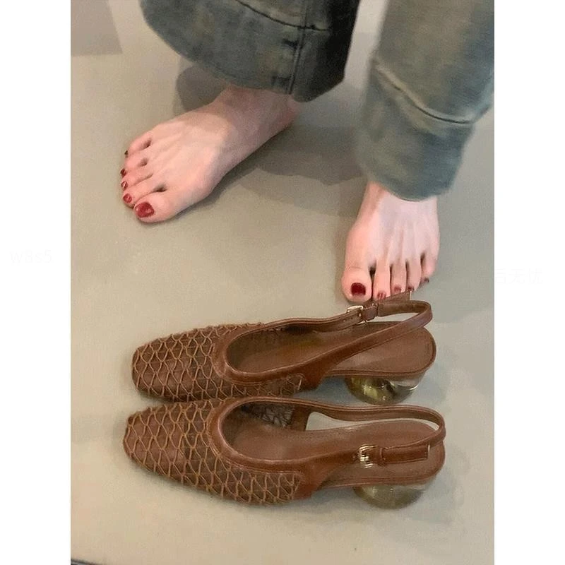 晚晚风包头春夏高跟鞋女法式温柔粗跟网纱编织后空凉鞋女