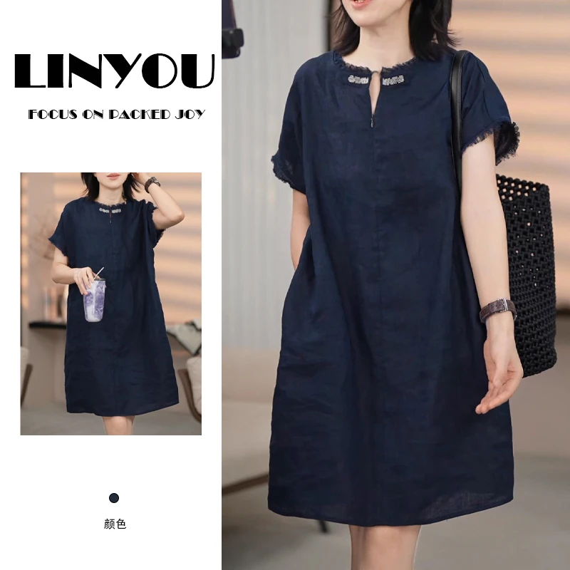 小飞袖直筒连衣裙女夏季2025新款显瘦设计感小众气质圆领中长裙子